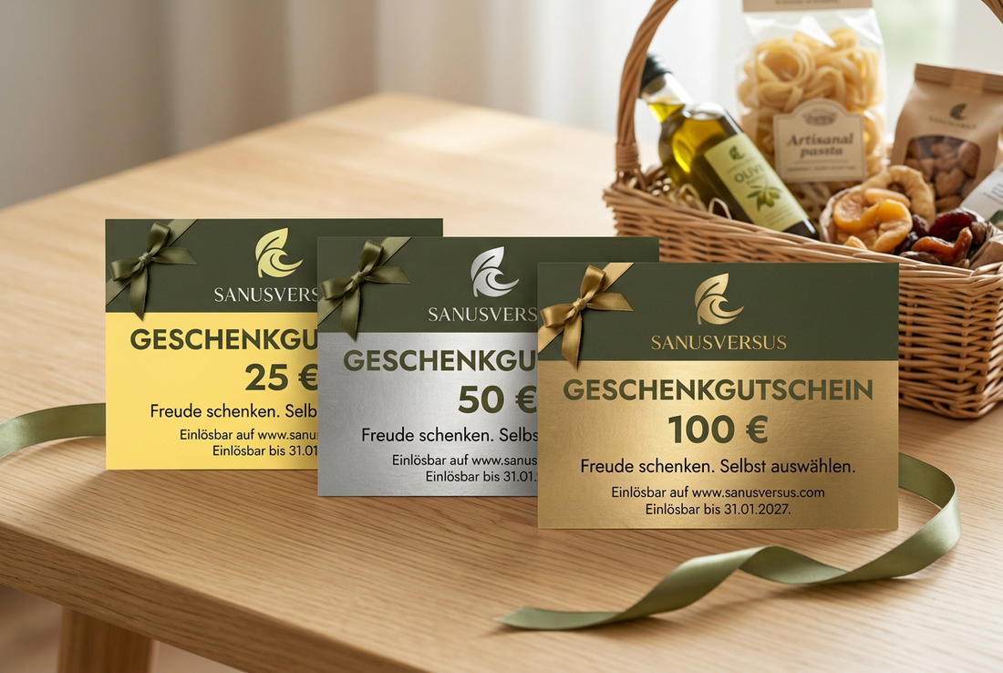 SANUSVERSUS Geschenkgutscheine zu 25, 50 und 100 Euro in Gelb, Silber und Gold neben einem Weihnachtskorb