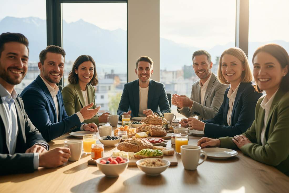 Motiviertes Team beim Bio-Frühstück im modernen Büro – Produktivität durch gesunde Ernährung