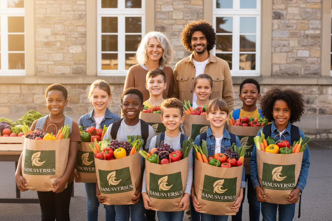 Kinder mit SANUSVERSUS Bio-Jausenpaketen beim Schulstart 2026