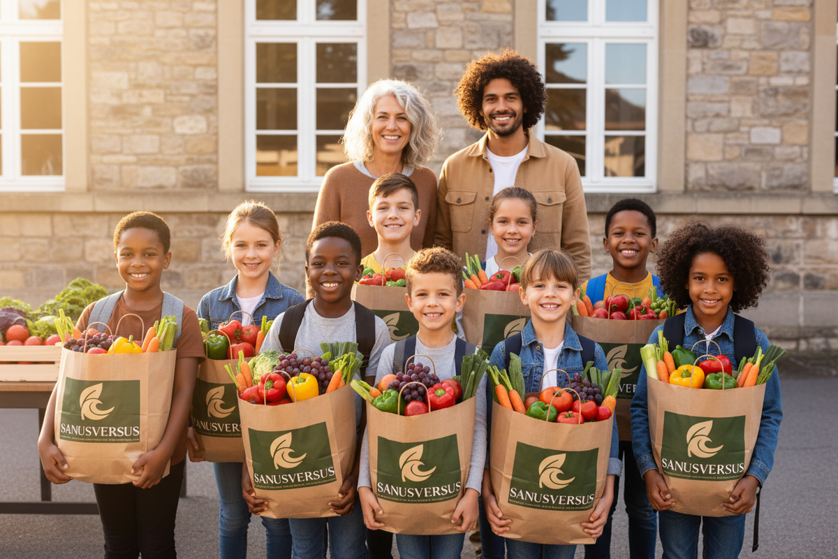 Kinder mit SANUSVERSUS Bio-Jausenpaketen beim Schulstart 2026
