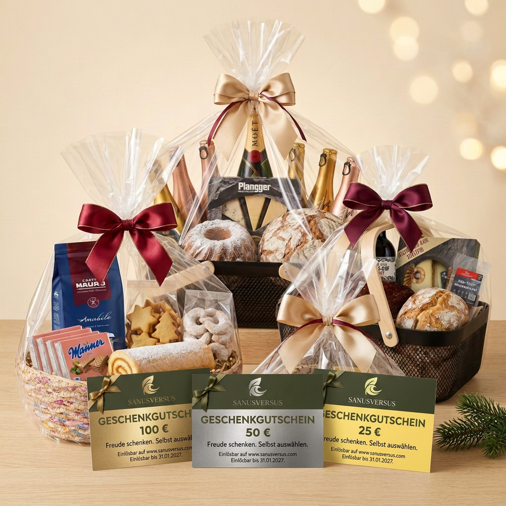 Vier Geschenkkörbe mit den SANUSVERSUS-Geschenkgutscheinen im Vordergrund