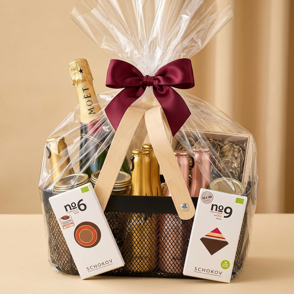 69-Geschenkkorb mit allen Bestandteilen, Zellophan und bordeauxroter Schleife