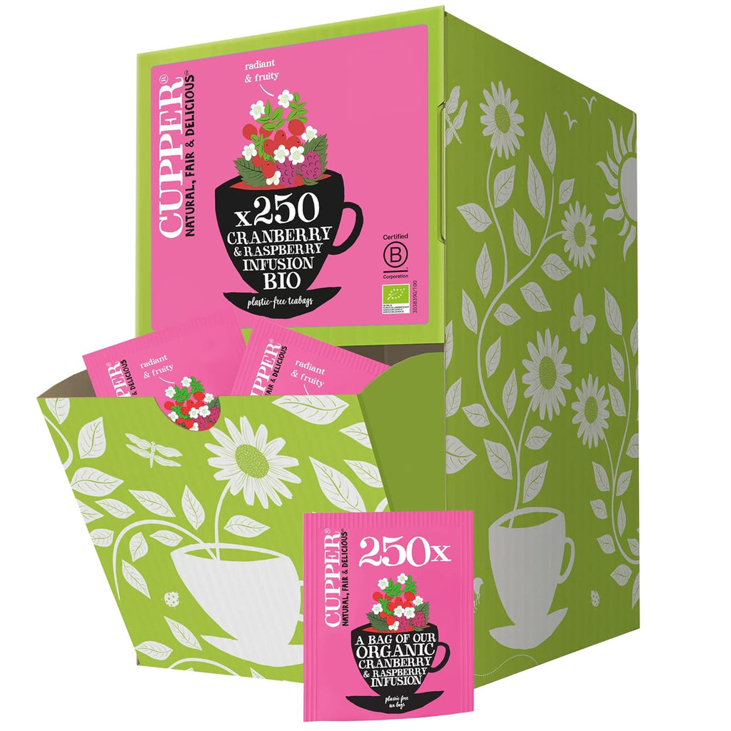 Organic Fruit Tea Raspberry/Cranberry, in a display carton of 250 pieces, individually wrapped tea bags