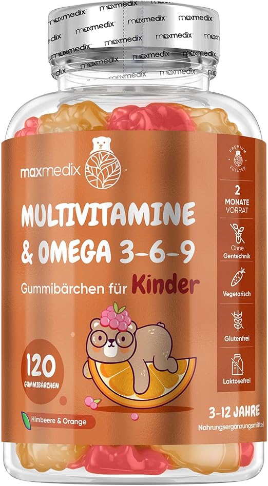 maxmedix Multivitamine & Omega 3-6-9 Gummibärchen für Kinder 120 Stk – Himbeer & Orange