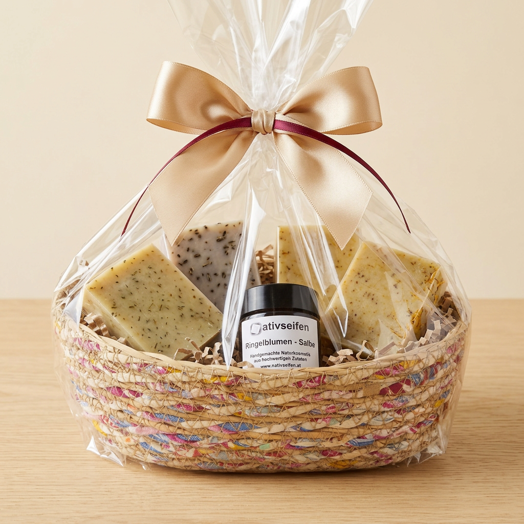 Bio-Naturkosmetik-Geschenkkorb mit vier Seifen und Ringelblumensalbe, in Zellophan mit goldener Schleife