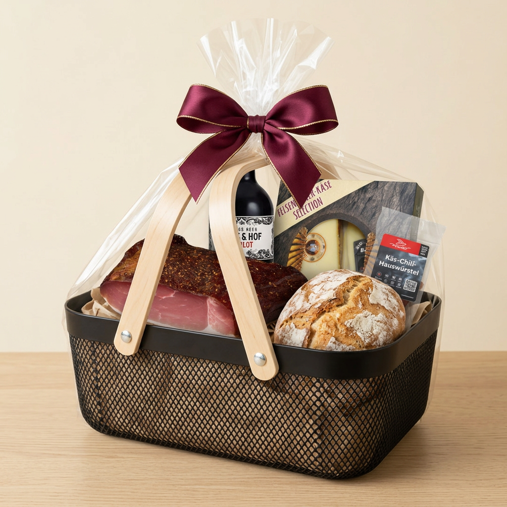 Geschenkkorb Brotzeit mit Wein, Käse, Speck, Brot und Chiliwürsteln, in Zellophan mit festlicher Schleife