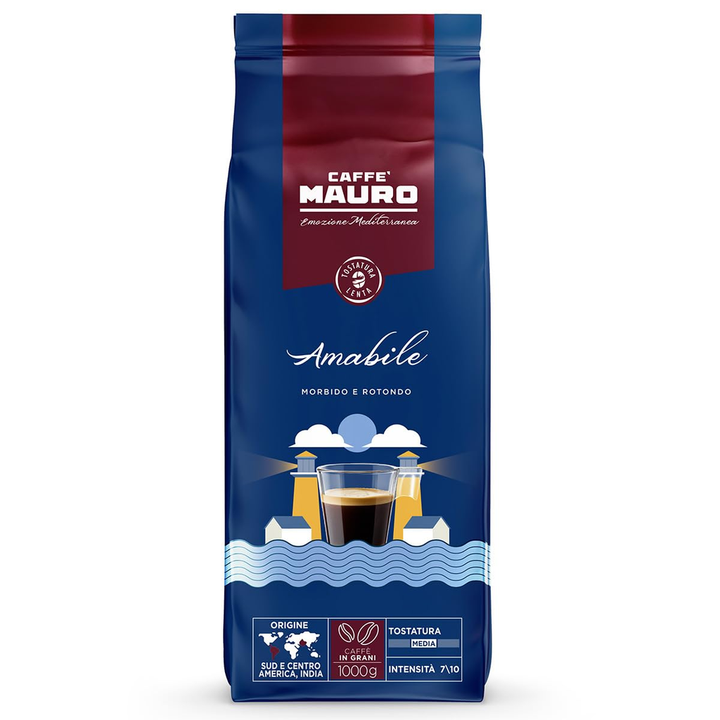 Caffè Mauro Amabile Kaffeebohnen, 1kg Packung, mittlere Röstung, Intensität 7/10