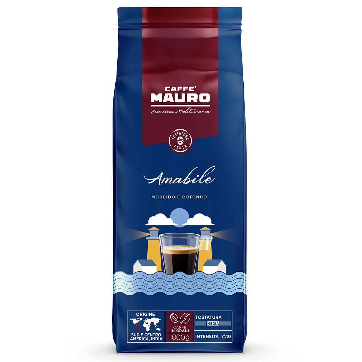 Caffè Mauro Amabile Kaffeebohnen, 1kg Packung, mittlere Röstung, Intensität 7/10