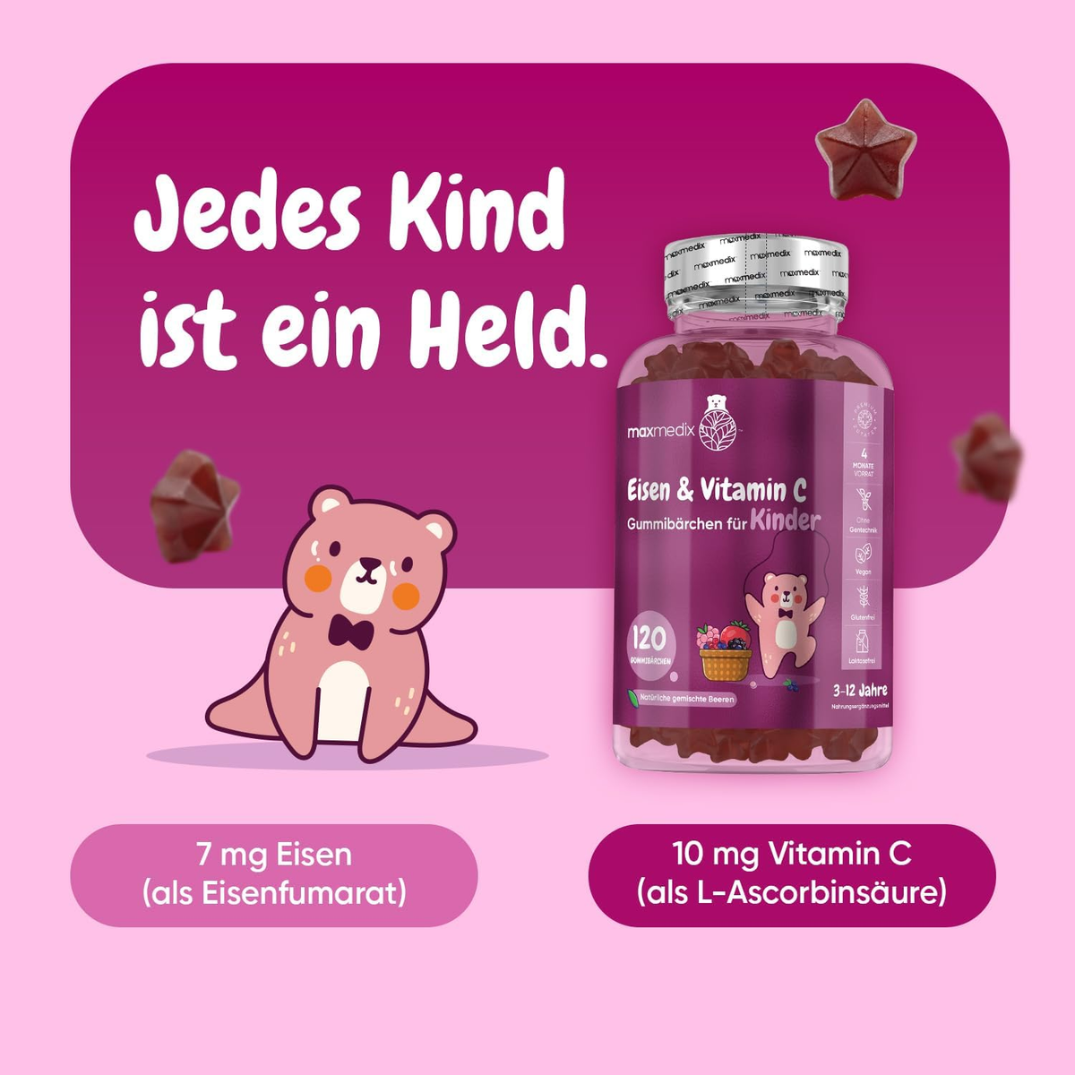 maxmedix Eisen & Vitamin C Gummibärchen für Kinder 120 Stk – Jedes Kind ist ein Held