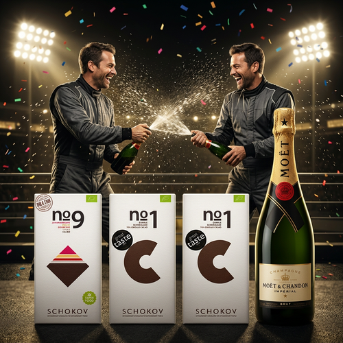 911 Geschenkset mit Schokov No. 9, zweimal No. 1 und Moët vor einer fiktiven Rennsport-Siegerfeier
