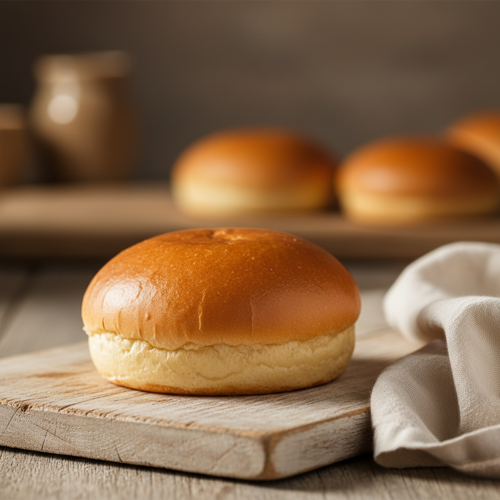 Golden glänzendes Felber Brioche Bun, ca. 65 g, auf hellem Holztablett