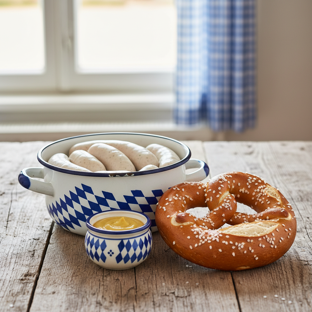 Weißwürste im Kessel mit süßem Weißwurstsenf und goldbrauner Laugenbreze