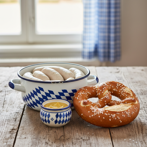 Weißwürste im Kessel mit süßem Weißwurstsenf und goldbrauner Laugenbreze