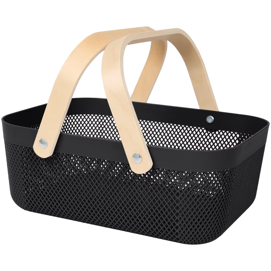 Schwarzer Aufbewahrungskorb aus Metall mit Holzgriffen