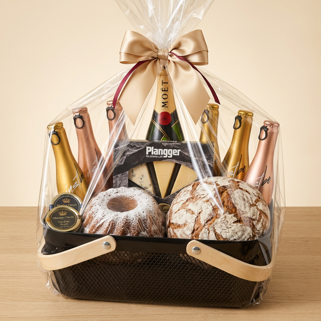 Gestaltungsvorschau Luxus-Geschenkkorb mit Moët, sechs Sparkling-Flaschen, zwei Kaviarsorten, Käsebox, Gugelhupf und Bio-Alpenlaib