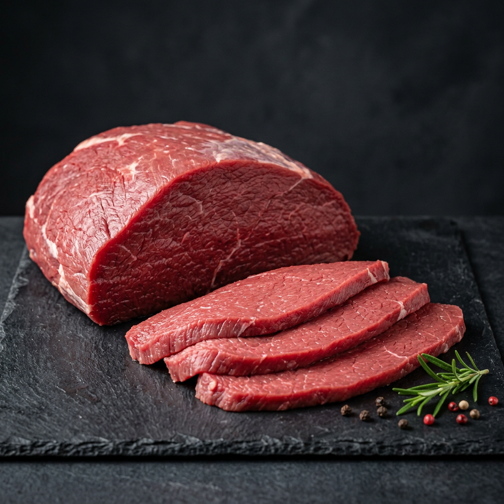 Rinderschale am Stück mit dünnen Schnitzelscheiben auf dunklem Schiefer