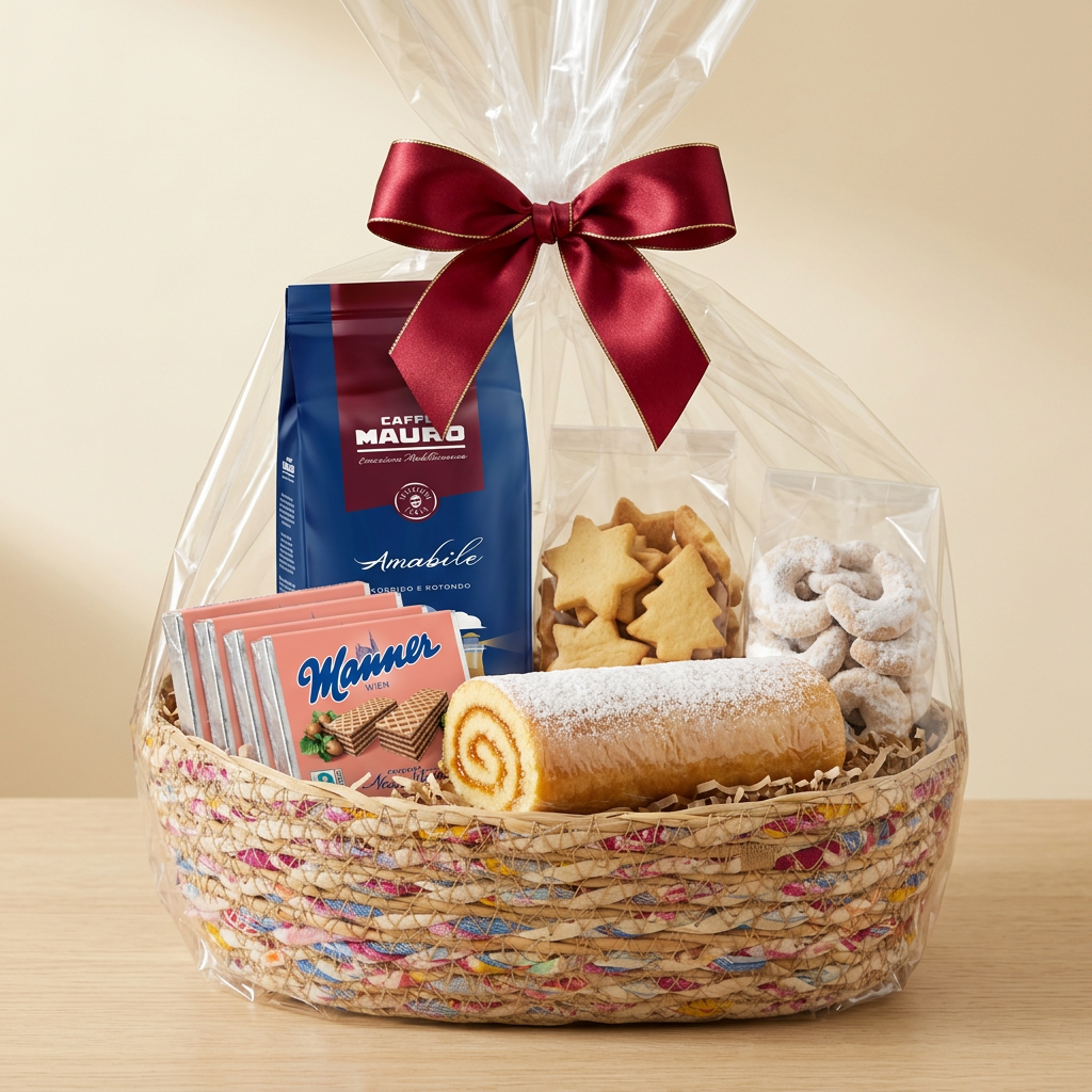 Süßer Weihnachtsgeschenkkorb mit Kaffee, Keksen, Biskuitroulade und Manner, in Zellophan mit roter Schleife