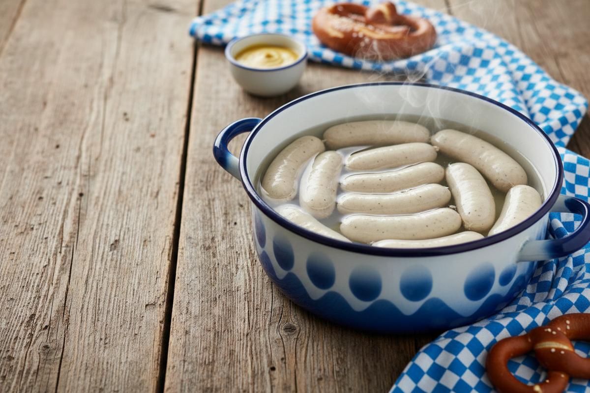 Weißwürste im traditionellen Emailletopf